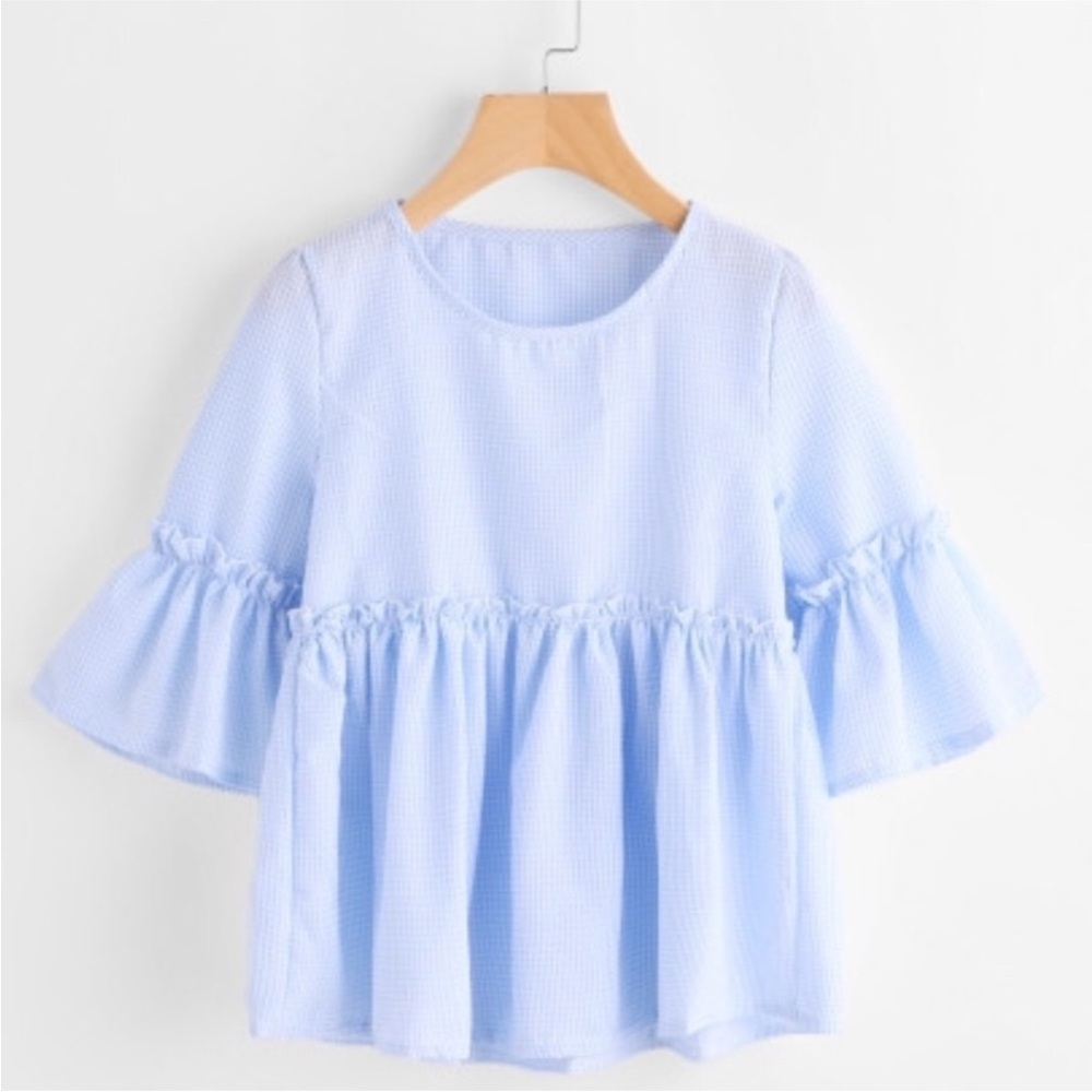 Light Blue Gingham Ruffle Sleeve Blouse • Size M • Summer, Yacht, Boat style